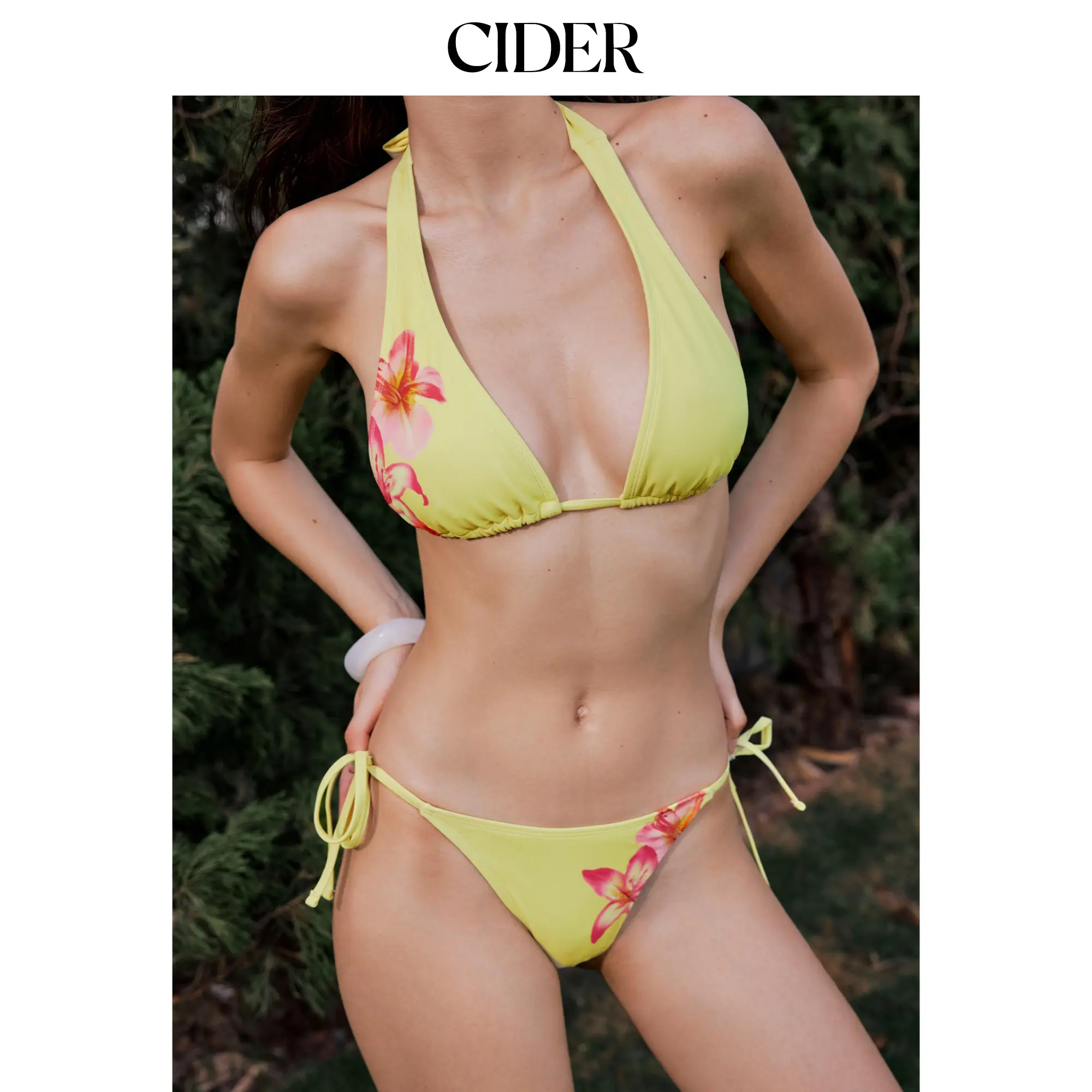 Cider V-neck Floral Knotted Halter Tie Side Bikini Set Cider V-neck Floral Knotted Halter Tie Side Bikini Set