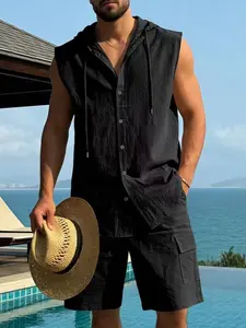 Men's Summer Linen Hooded Sleeveless Shirt and cargo shorts Set, Loose Fit Casual Beach, Comfortable Vacation Wear for Men