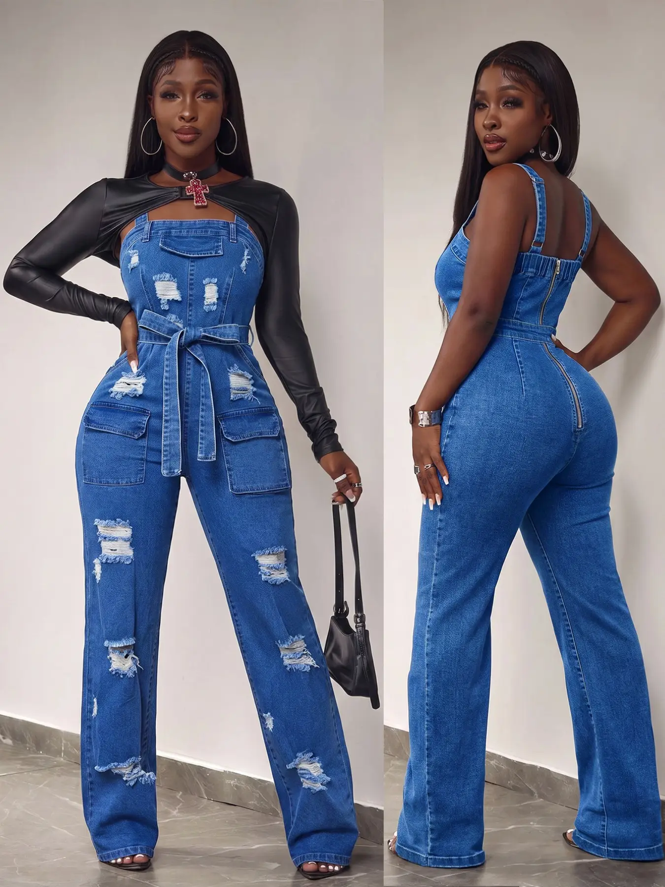 American Style Ripped Denim Jumpsuit, Casual Strap Backless Waist Tie Large Pocket Rear Zipper Wide Leg Jumpsuit, Spring & Fall Fashion