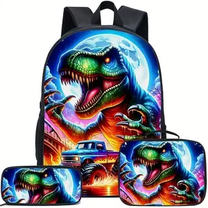 Cool dinosaur print pattern backpack, large capacity three-piece schoolbag