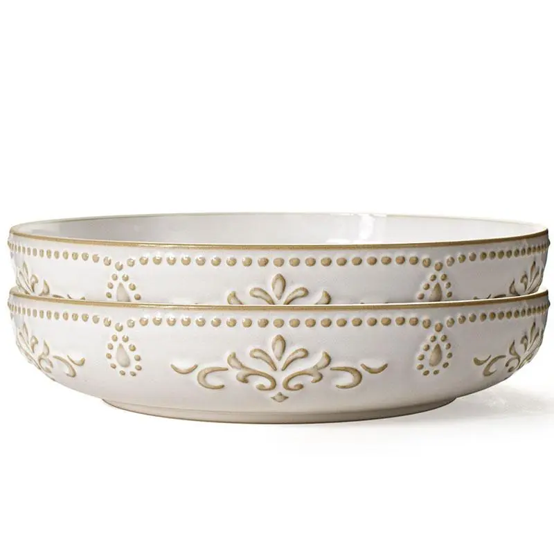Artena Decorative Bowls Set (2-Piece) - 50oz Large 9.75in Embossed Shallow Porcelain Plates, Retro Chic Premium, Shatter-Resist Build, Oven-Safe Use, Microwave Reheat, Dishwasher-Safe, Corrosion-Resistant Durable Kitchen Tableware for Dining