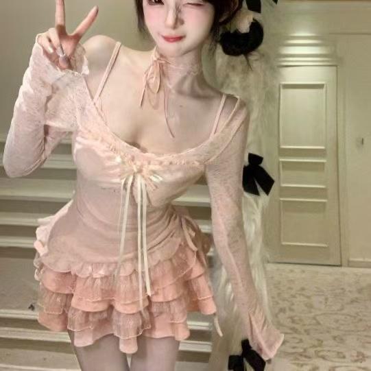 2026 New Women Birthday Rave Korean Fashion Gyaru  Coquette Outfits 2 Piece Set Fake Two Pieces Top + Mini Ruffle Skirts Chic