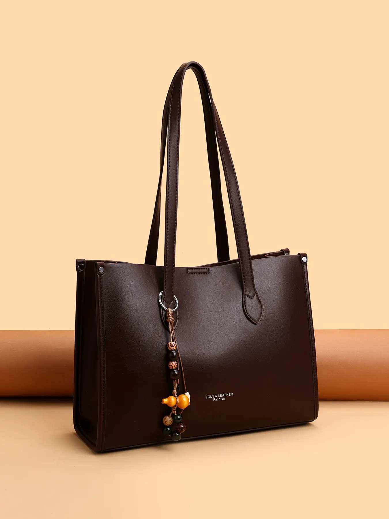 1Pc Dark Brown Vintage Leather Tote Shoulder Bag Large Capacity Commuter Handbag with Beaded Gourd Pendant, Long Slim Double Shoulder Straps Open Top Daily Bag For Work and Shopping