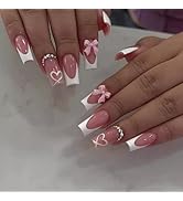 Red Press on Nails Short - Square Fake Nails with Leopard Print Design - French Tip False Nails Press ons - for Women Christmas Manicure 24Pcs