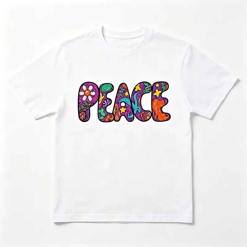 Women's Garment Washed Short-Sleeve Round Neck Casual Tee - Oversized Floral Peace Graphic Top, Vintage Summer Streetwear, Shortsleeve, Layer