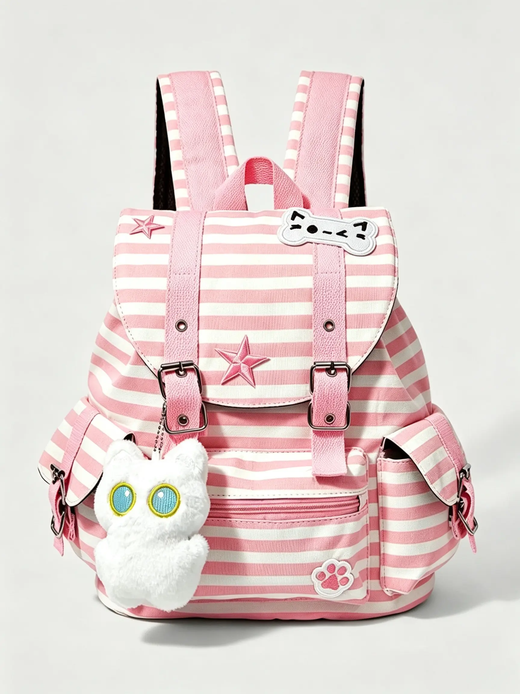 Punk Academy Style Backpack, Cat Paw Print, Multi-Pocket, Large Capacity, Unisex, Fashionable for Commuting and School