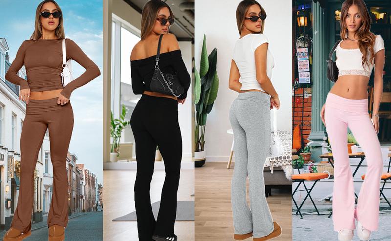 THE WELL KEPT Leggings, Low Rise Bootcut Wide Leg Foldover Yoga Pants Lounge Y2k Bell Bottom Leggings for Women