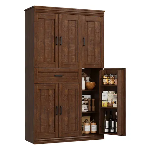 70-in Tall Freestanding Kitchen Pantry Cabinet Furniture - Wall Mount Compatible, Waterproof Storage Cupboard with Doors, Shelves, Large Drawers, Metal Handles - Modern Buffet Hutch for Dining Room, Appliance Organizer