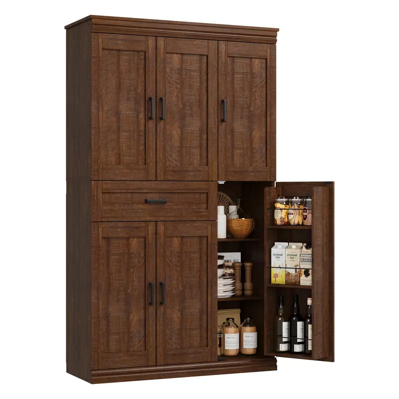 70-in Tall Freestanding Kitchen Pantry Cabinet Furniture - Wall Mount Compatible, Waterproof Storage Cupboard with Doors, Shelves, Large Drawers, Metal Handles - Modern Buffet Hutch for Dining Room, Appliance Organizer