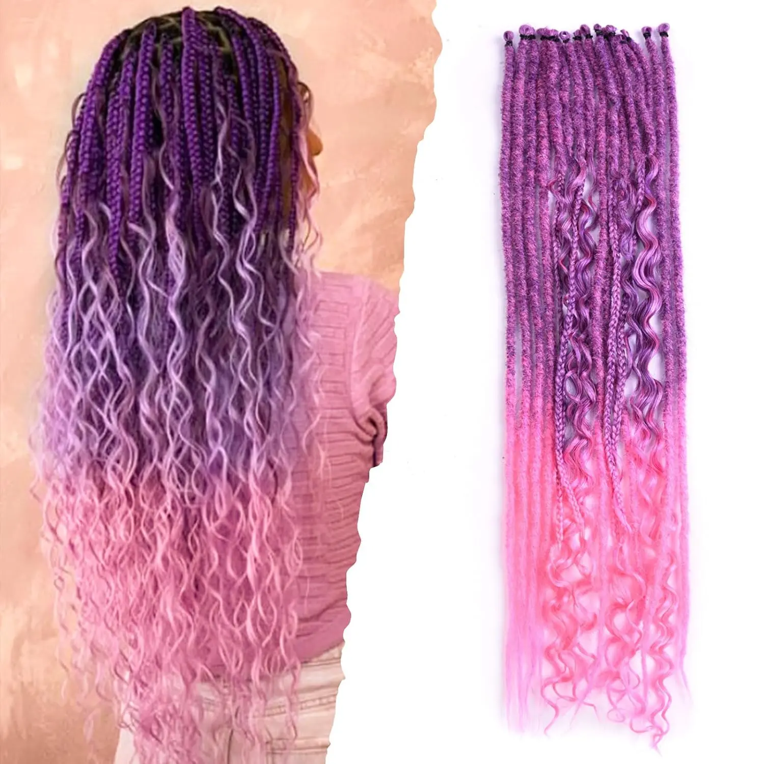 Hippie and Boho Wavy Dreadlock Extensions Sets,3 in 1  Ombre Auburn Synthetic Single Ended Dreads Extensions, Soft Lightweigth Single Straight Curly Style Dreadlock for Women