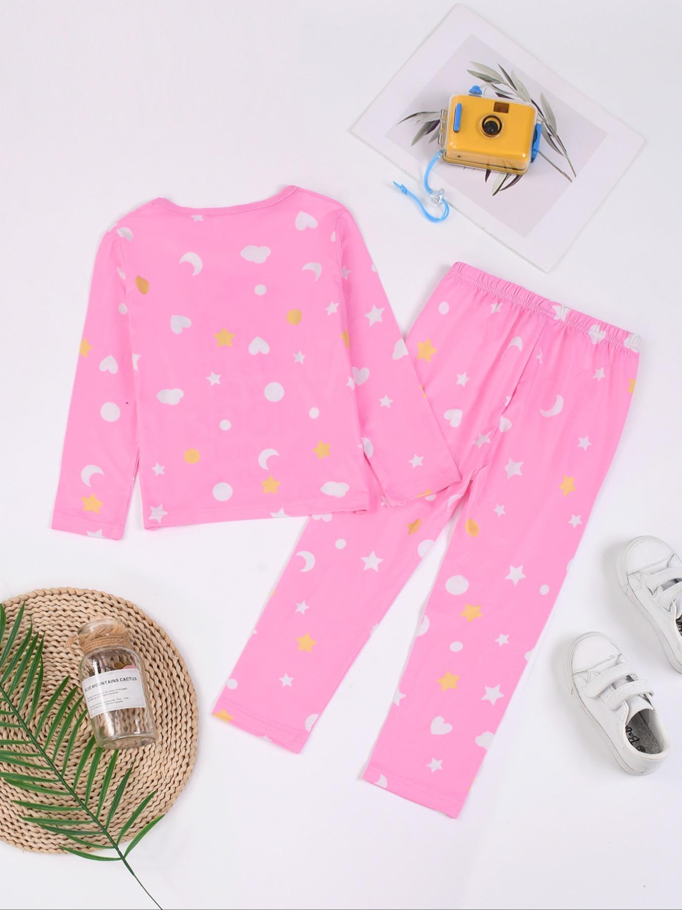 Toddler Girl's Cartoon & Letter Print Long Sleeve Tee & Elastic Waist Pants Loungewear Set, Casual Comfy Round Neck Top & Trousers Lounge Set, Kids Loungewear for Fall & Winter, Snug Fit Pajamas