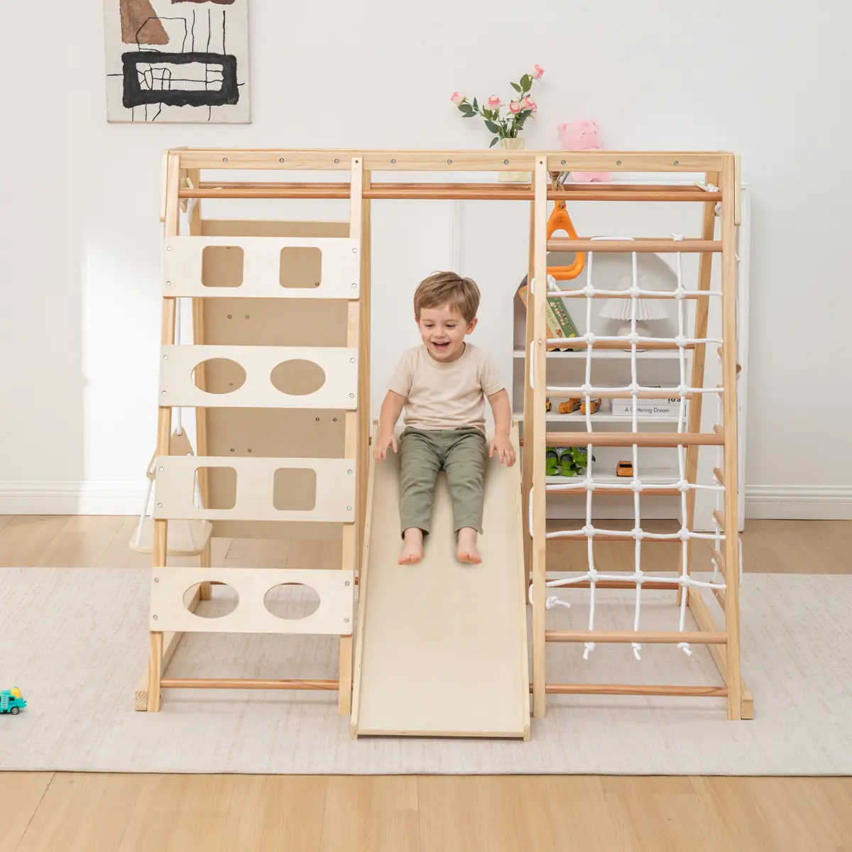 Wooden 9-in-1 Slide & Climbing Wall for Toddlers 3+, Sturdy & Safe Indoor Play Structure, 176 lbs Capacity, Rounded Edges, Sports Toy for Motor Skills, Holiday/Birthday Gift, 57.87x47.24x53.54in