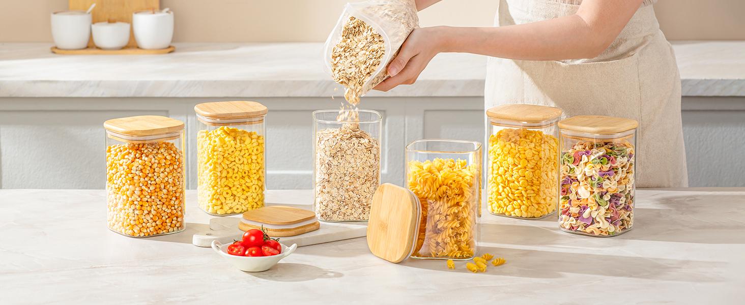 37 Oz Glass Storage Jars with Bamboo Lids - 6 Pack Clear Glass Canisters Square Airtight Stackable Ideal for Pantry Storage Containers Organizers Great for Storing Oats Coffee Beans Nuts etc