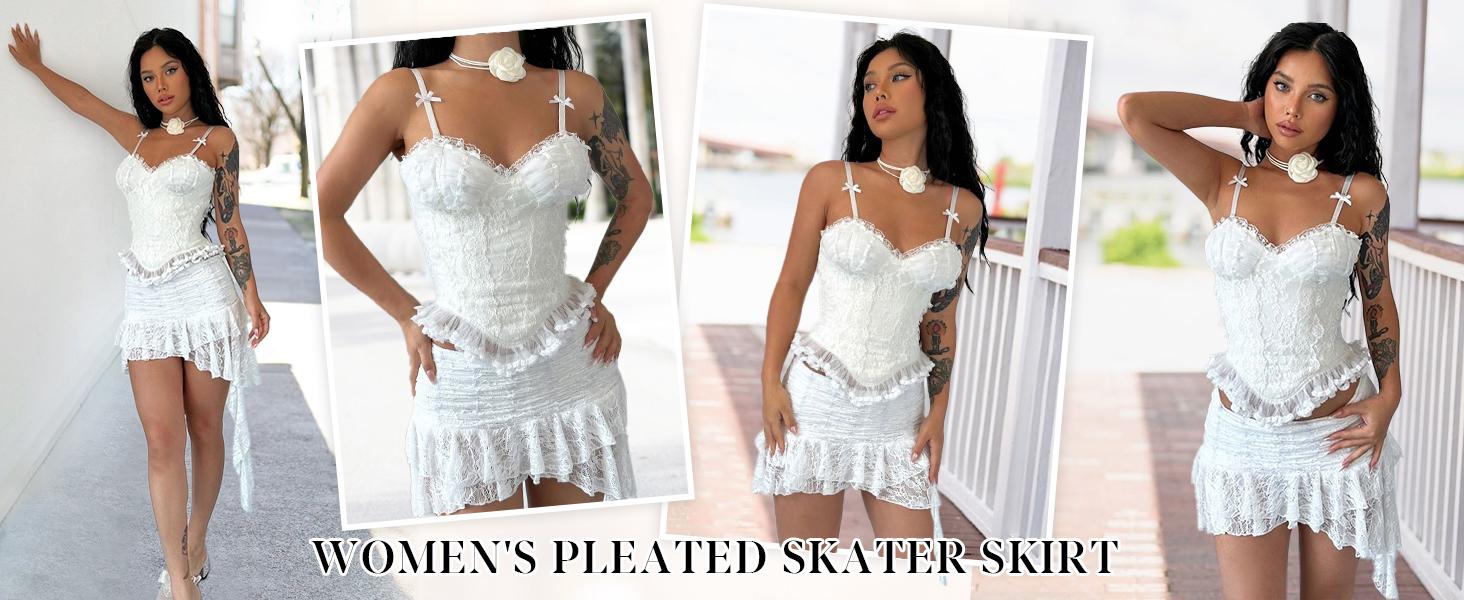 Women Y2K Lace Mini Skirt Low Rise Pleated Ruffle Short Layered Flowy Asymmetrical Fairy Half Slip Soft Breathable Stretchy Comfortable