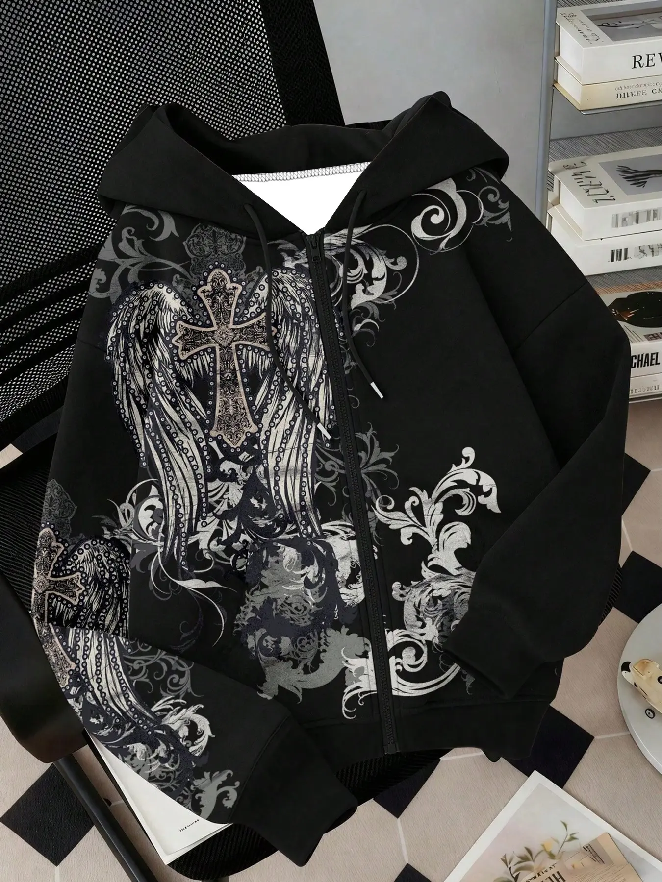 Dark Gothic Zipper Hoodie, Silver Color Cross Angel Wings Print, Drawstring Hood, Loose Fit, Casual Sweatshirt, Trendy Streetwear