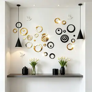 72PC， Golden black combination hollow ring acrylic mirror wall sticker, suitable for home decoration, living room, bathroom, bedroom background wall decoration, home decoration lintel decoration, DIY detachable wall sticker