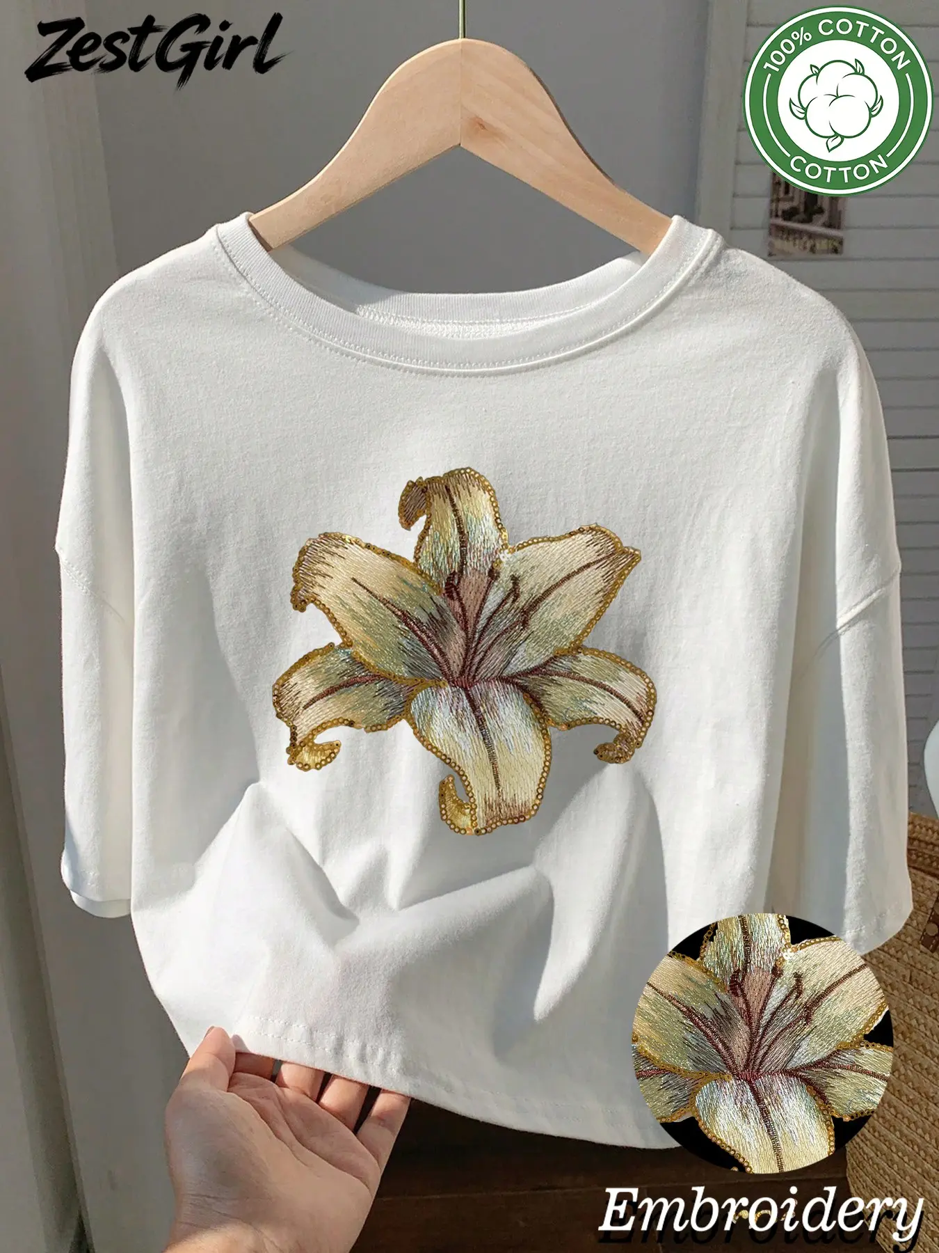 Women's Vintage Gold Lily Embroidery Short T-Shirt, 100% Cotton Loose Fit Crop Top, Casual Floral Sleeveless Tee for Daily Streetwear