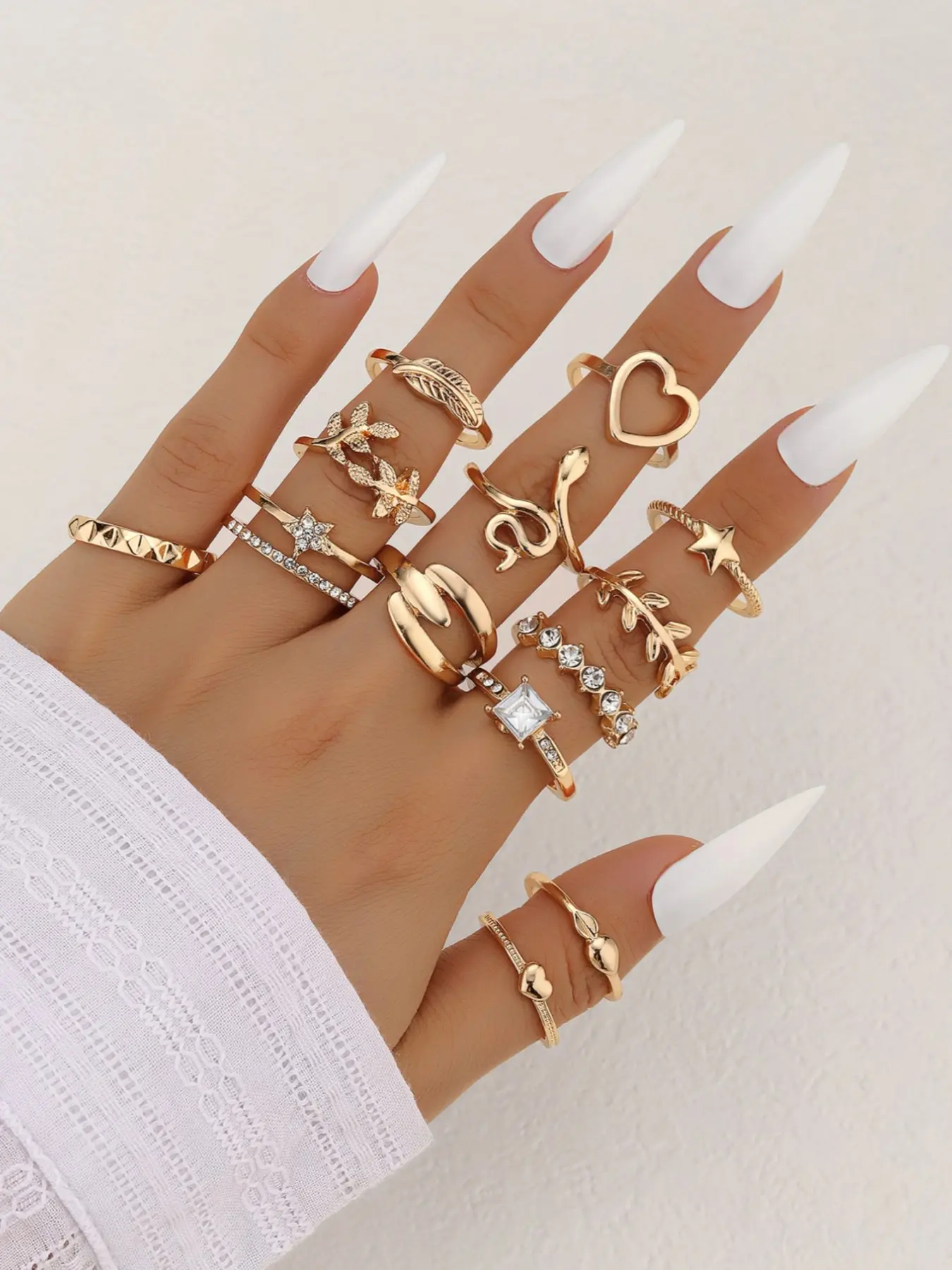 12-Piece Vintage Ring Set, Boho Style Hollow Out Diamond Rings, Women's Beach Party Stackable Jewelry, All Seasons Casual Wear, Fashion Stackable Rings