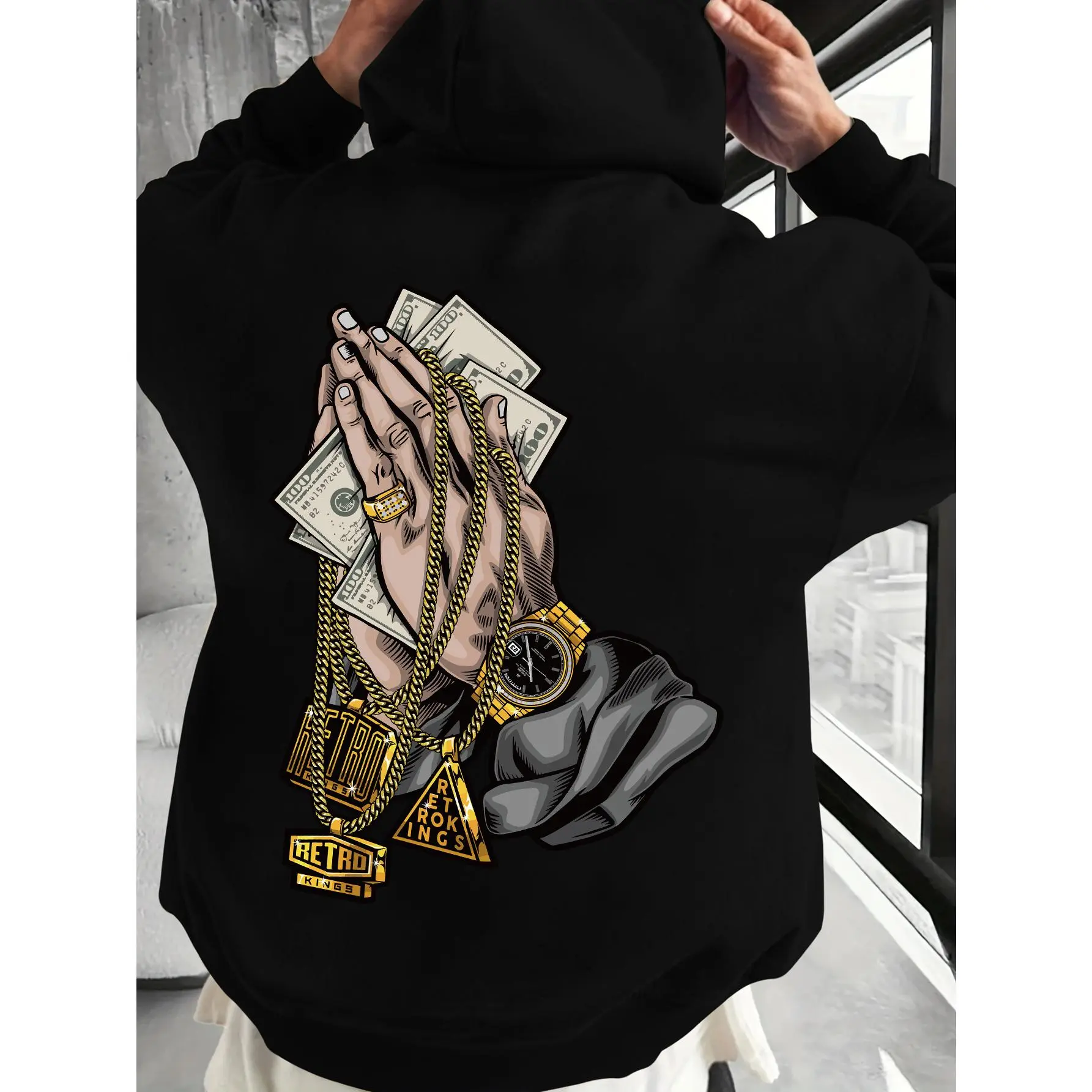 Men's hooded sweatshirt with a money print and gold jewel-like dollar pattern - a relaxed, casual pullover hoodie suitable for all seasons (machine washable).