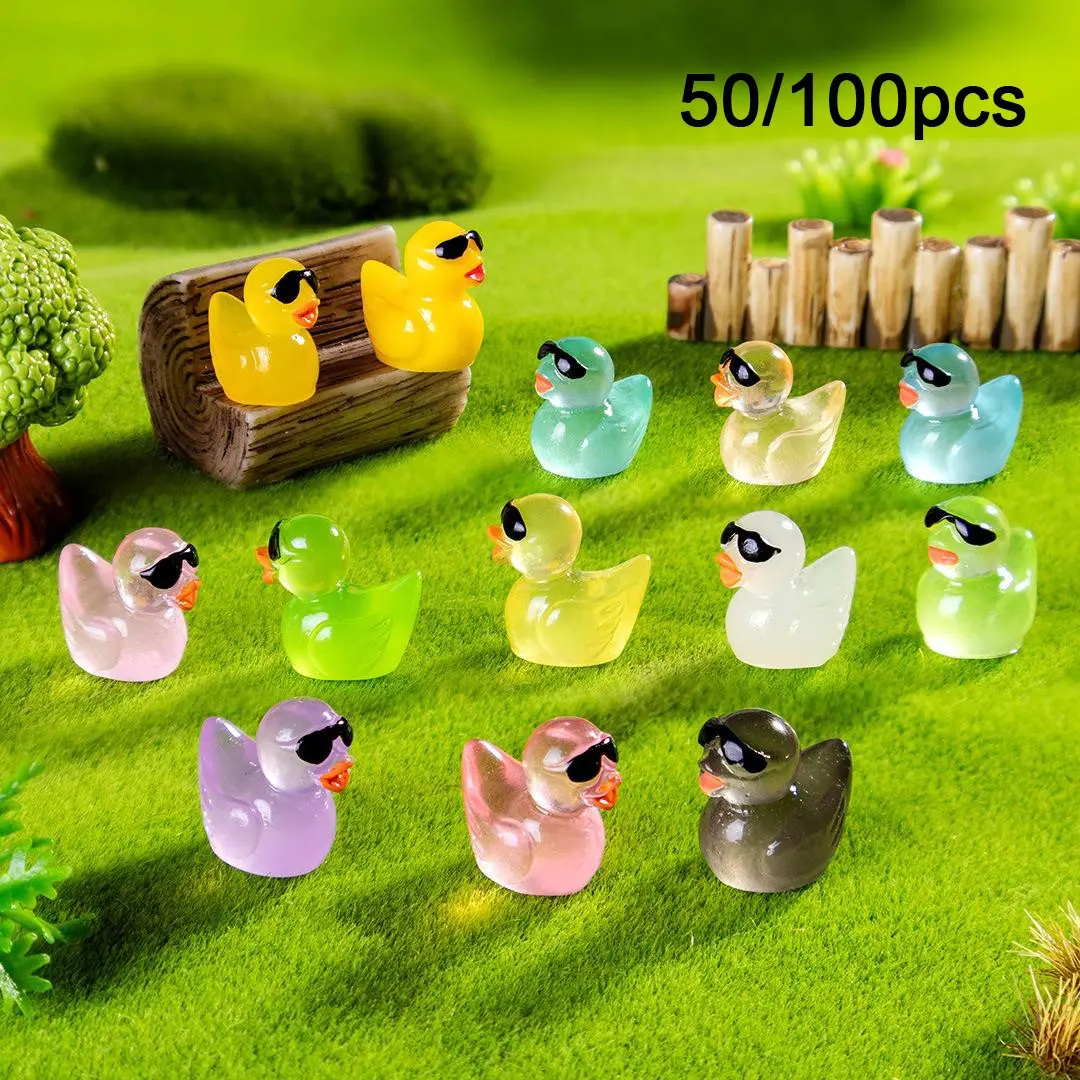 50/100pcs Miniature Glowing Duck With Sunglasses Resin Micro Landscape Garden Decor Desktop Display Car Decoration DIY Craft Accessory For Cross Border