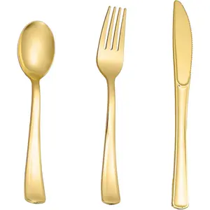 500PCS Gold Plastic Silverware Disposable Flatware Cutlery Set - 200 Forks, 150 Spoons, 150 Knives for Party, Birthday, Wedding Utensils