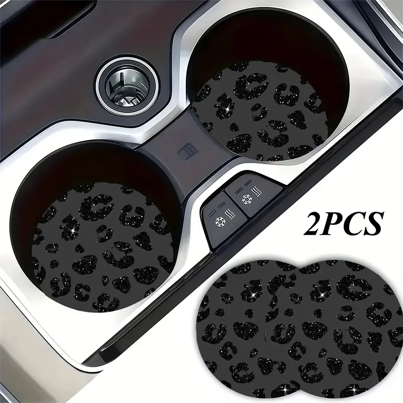 2pcs Glitter Black Gray Leopard Print Cup Holder Coaster, Car Interior Decor, Vehicle Accessory, Non-Slip Vehicle Beverage Mat for Woman And Man, Universal Drink Mats for Vehicle Interiors, Ideal Birthday & Daily Gift for Friends5.26Ypb-222