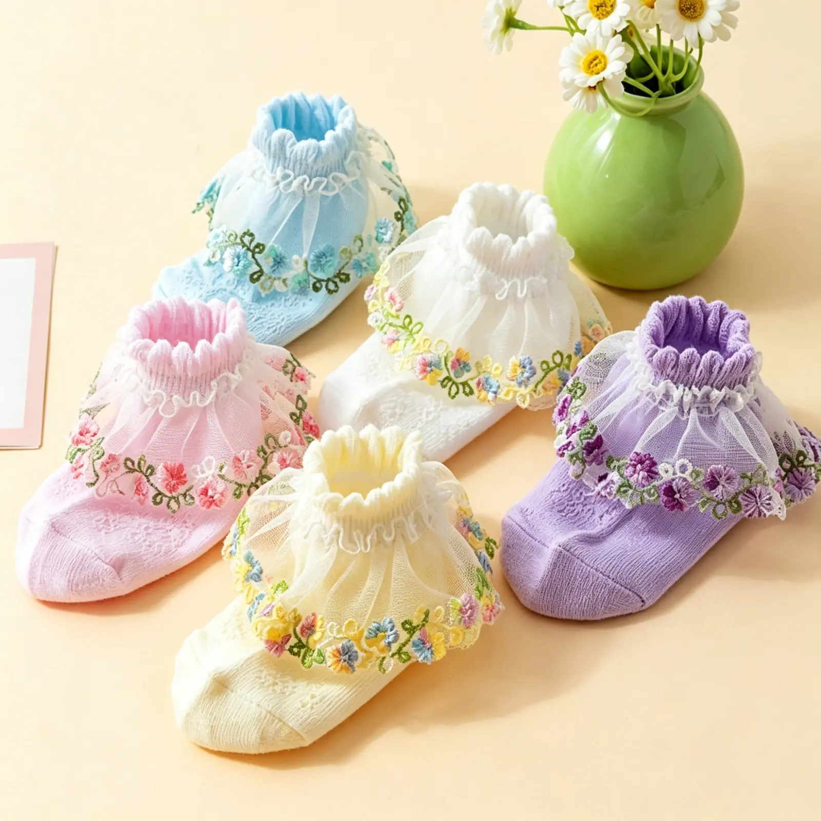 Crew Socks for Girls Princess Ankle Socks with Floral Embroidery Ruffles