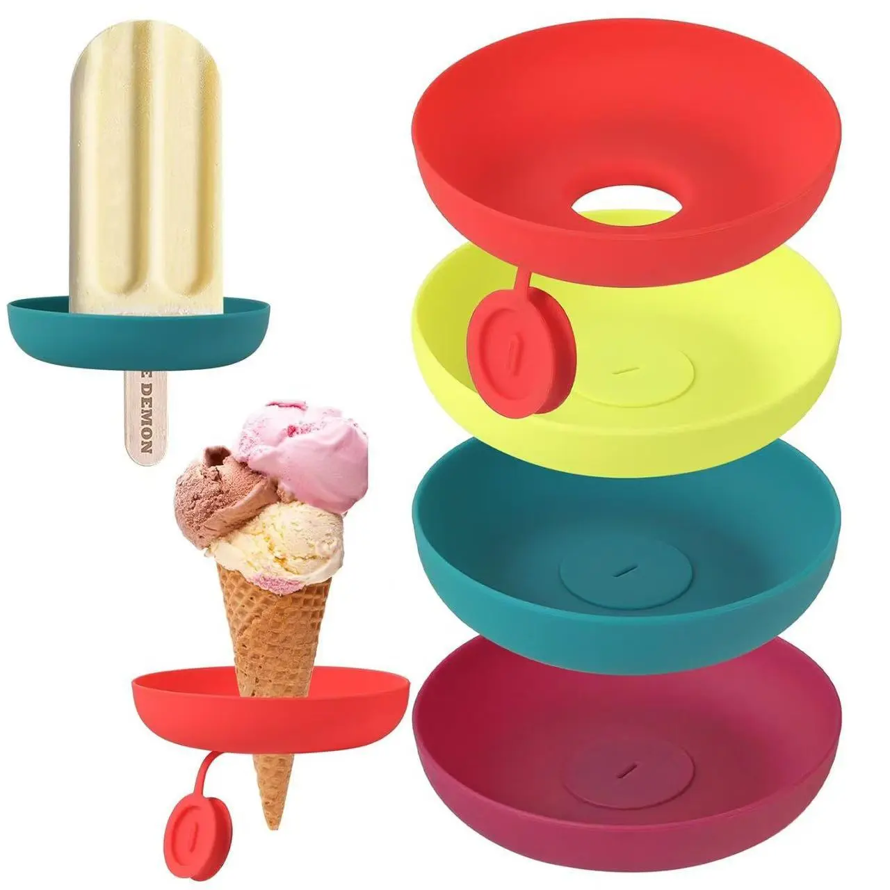 4PCS Silicone Popsicle & Frozen Treat Holder Kit, Leak-Proof Drip Guard Tray with Stable Support, Portable Dishwasher-Safe Outdoor Snack Accessory Set