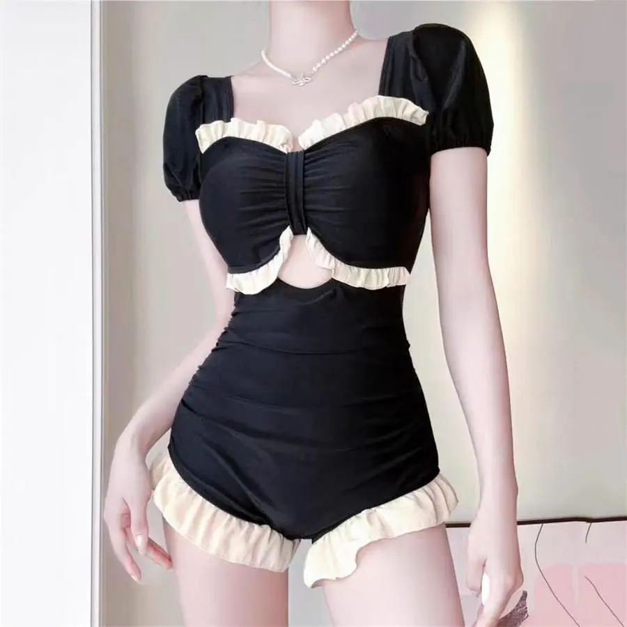 Black Conservative Korean Swimwear 2025 One Piece Swimsuit Cute Sweet Lace Edge Short Sleeve Bathing Suit Bodysuit Beach Wear