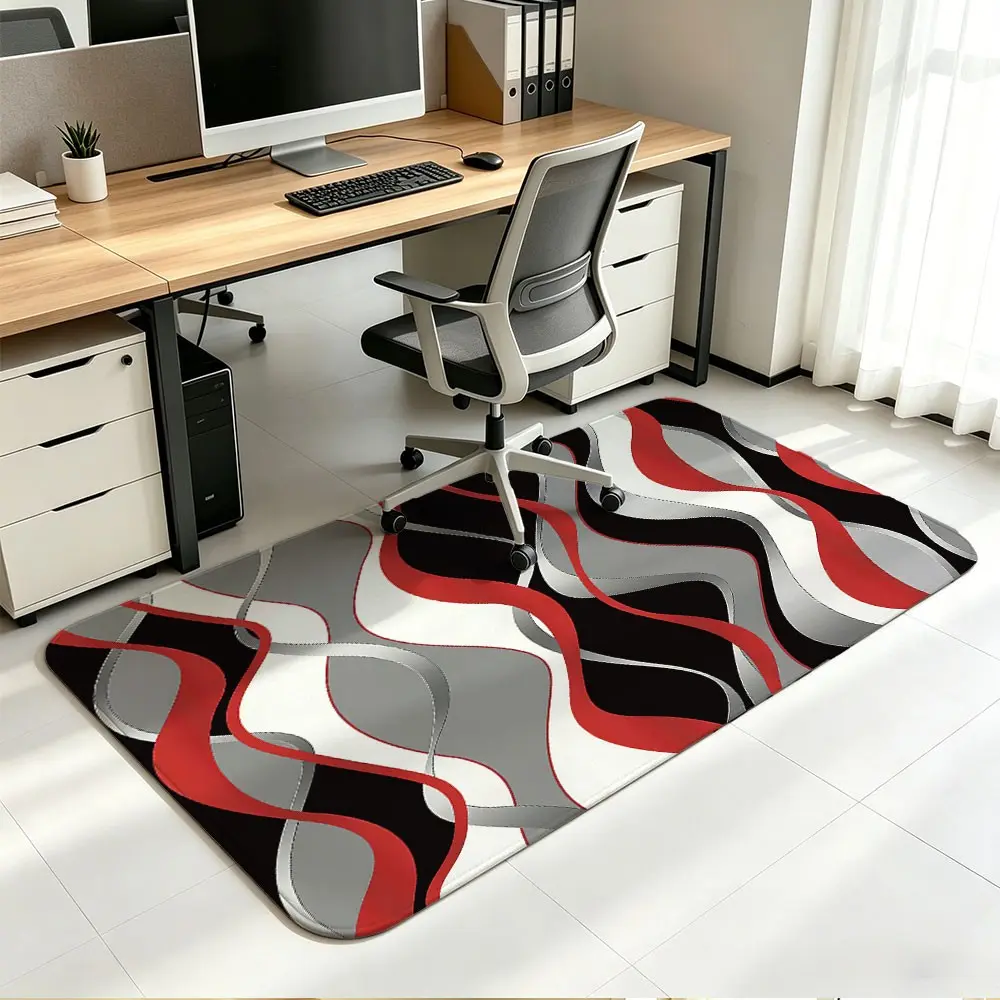 1PC Red Grey Wavy Line Printed Floor Mat, Soft Silicone Non‑slip Rug, Easy‑clean Home Carpet for Bedroom Living‑room