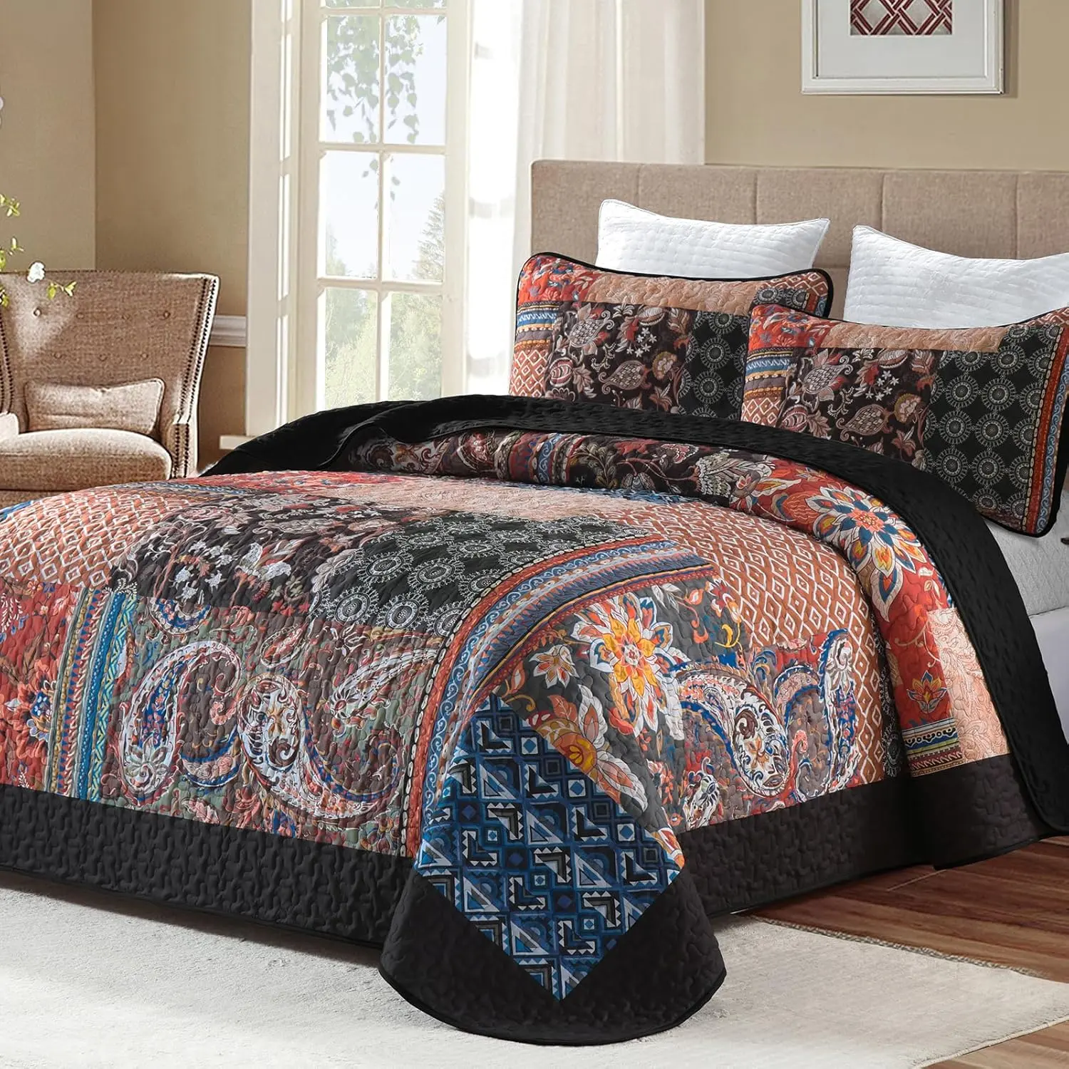 Patchwork Set Queen Size Boho Bedspread Coverlet, Black Coral 3 Pieces Paisley Floral Quilted Bedding Set, Lightweight Bohemian Farmhouse Reversible Bed Cover for All Season 96''x90''