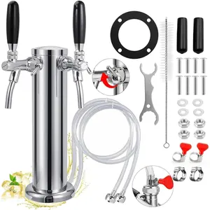 New Adjustable Dual Tap Kegerator Tower, 1/4" Barb 3" Draft Beer Dispenser Keg Tower, 304 Stainless Steel Core Self-Closing Beer Faucet with Pre-Assembled Kegerator Parts Kits