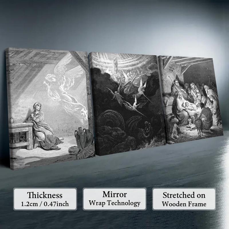 3 Counts Wooden Framed Canvas, Nativity Scene Angel Mary Jesus, Exquisite Poster, Perfect Living Room Decoration, Fashion Family Poster, Wall Art Decoration, Odorless, Waterproof, Artwork, Western Wall Art