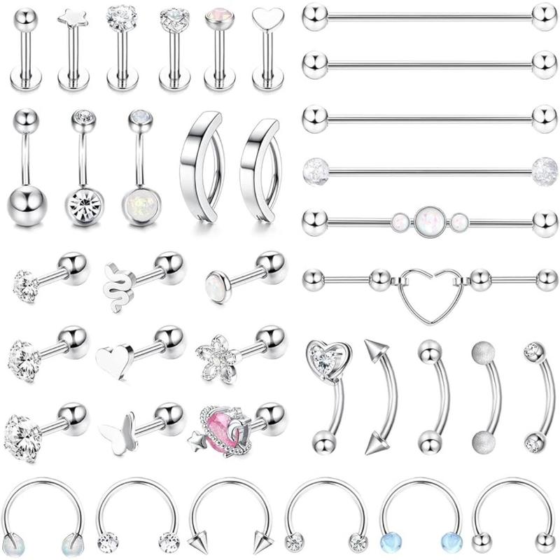 Jstyle 37 Pcs 14G-16G Body Piercing Jewelry for Women 316L Stainless Steel Industiral Cartilage Earrings Clicker Belly Button Rings Lip Eyebrow Rings Horsehoe Septum Rings Body Piercing Jewelry Set Daily