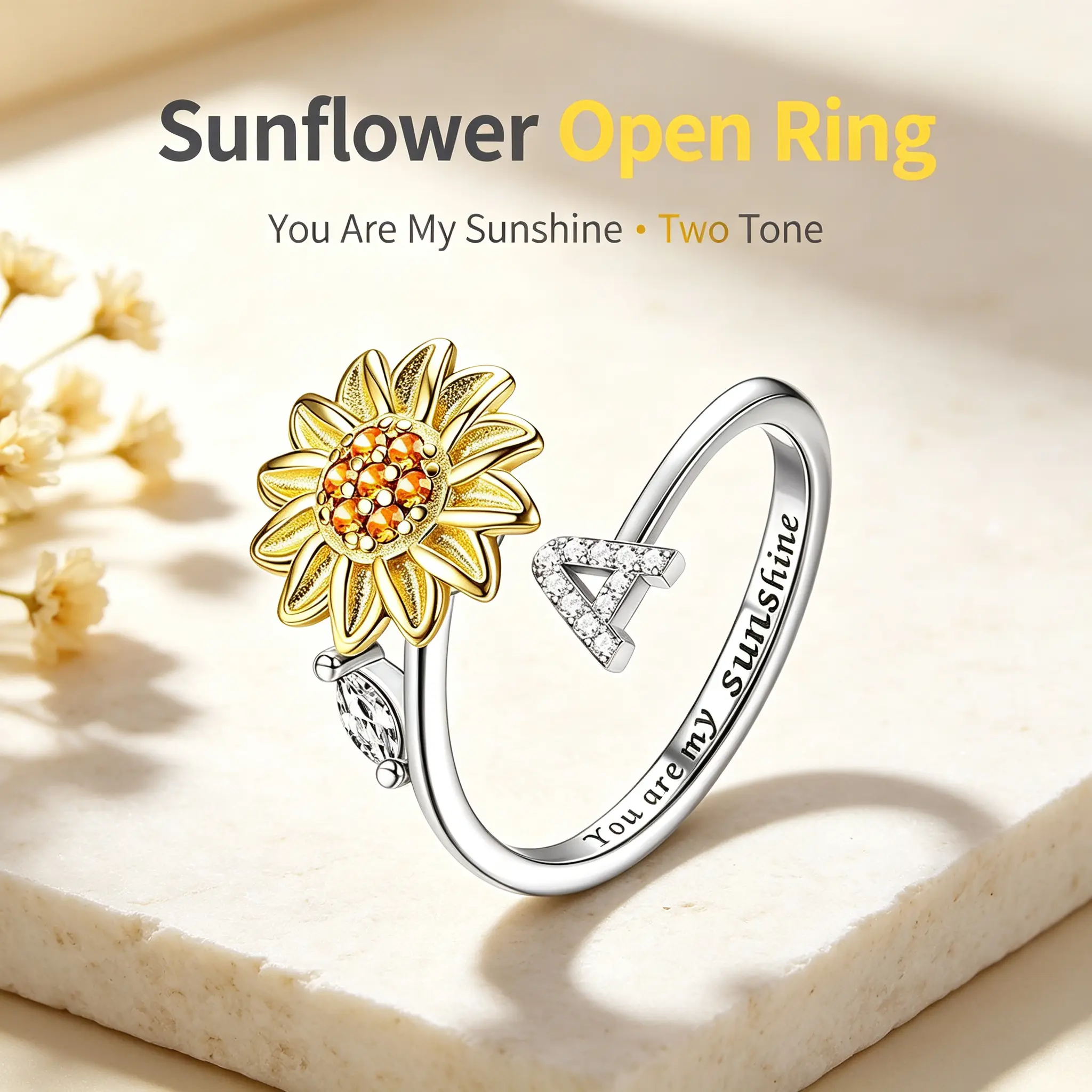 "You Are My Sunshine" Sunflower Spinner Ring for Women, Adjustable Initial Ring with A-Z Letter Options, Playful Rotating Flower Design, Personalized Jewelry Gift for Her, Best Friend, Birthday & Daily Wear