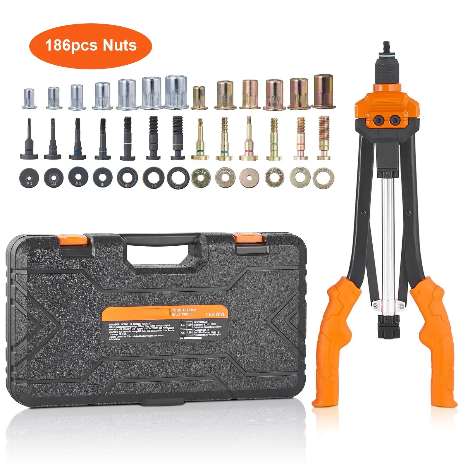 Rivet Nut Tool 16 inch Rivnut Tool Kit with 13PCS Metric and SAE Mandrels & 186PCS Rivet NutsSemi-auto RetractionM3M4M5M6M8M10M121/4-205/16-183/8-161/2-138-3210-24, Hand Tools, Hardware