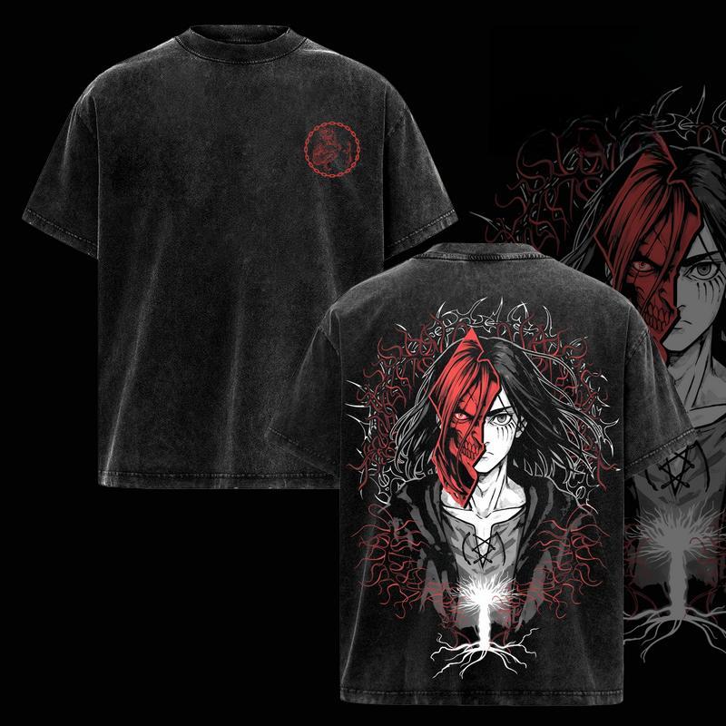 Eren Yeager Founding Titan Graphic Tee – Vintage Washed Attack on Titan Shirt, Dark Red Aesthetic Oversized Cotton Unisex Top, Trendy Streetwear Menswear for Casual, Party, Convention, and AOT Fans