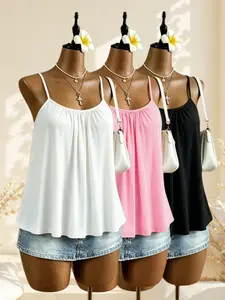 Minimalist Commuter Style Solid Color Thin Straps Tank Top, Loose A-Line Design, Versatile Inner and Outer Wear, Three-Piece Set