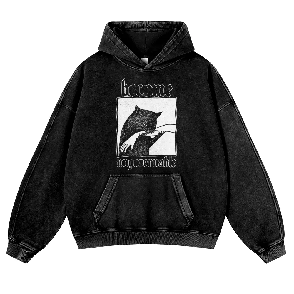Punk Dark Casual Style, Become Ungovernable Biting Cat Gothic Font 380g Autumn VIntage Washed Hoodie Graphic Sweatshirt