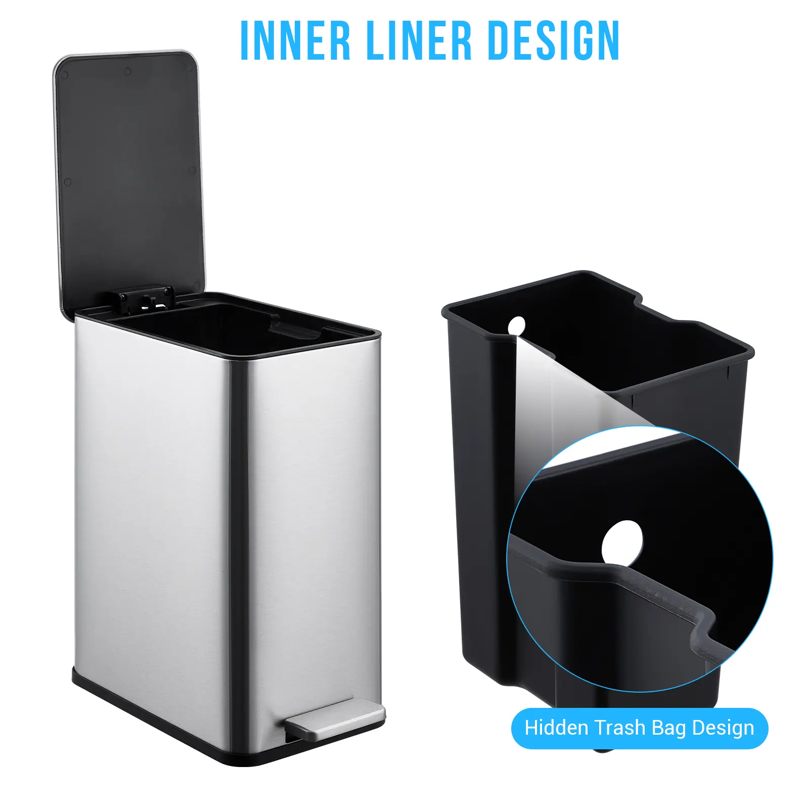 Space-Saving Stainless Steel Step-On Trash Can 2.64 Gallon (10L) – Slim Rectangular Kitchen Garbage Bin with Soft-Close Lid, Removable Inner Bucket, Smudge Resistant, Stylish Pedal Waste Container