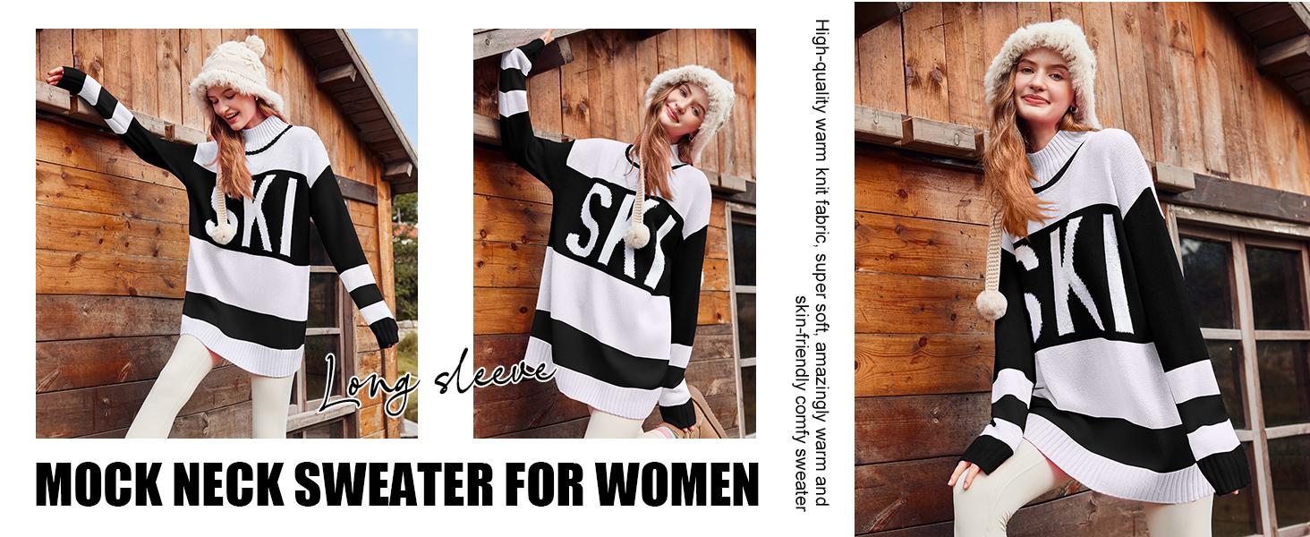 Yousify Womens Sweaters Fall 2024 Oversized Color Block Ski Sweater Crewneck Winter Tops S-2XL