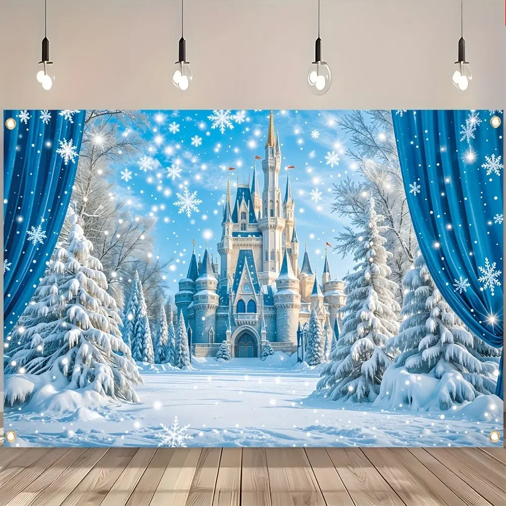Winter Wonderland Ice Castle Backdrop Banner Polyester Fabric Tapestry Snow Scene Photo Background Wall Hanging Christmas New Year Party Decor Indoor Outdoor Festive Display