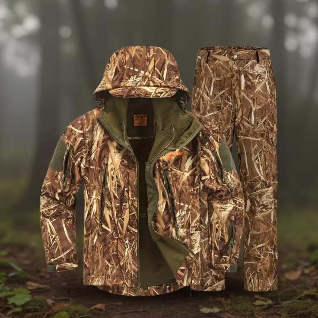 Mens Quiet Camouflage Hunting Suit Waterproof Hunting Jacket and Pants for Deer Duck Bow Hunting Outdoor Hunting Activities Durable Comfortable Hunting Clothes
