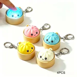 4PCS Cute Dumpling Keychains Set, Press to Light Up with Mini Steamer Keyring, Bag Charm Pendant for Prizes Party Favors, Children's Day Gift Idea, Matching Keychain Set