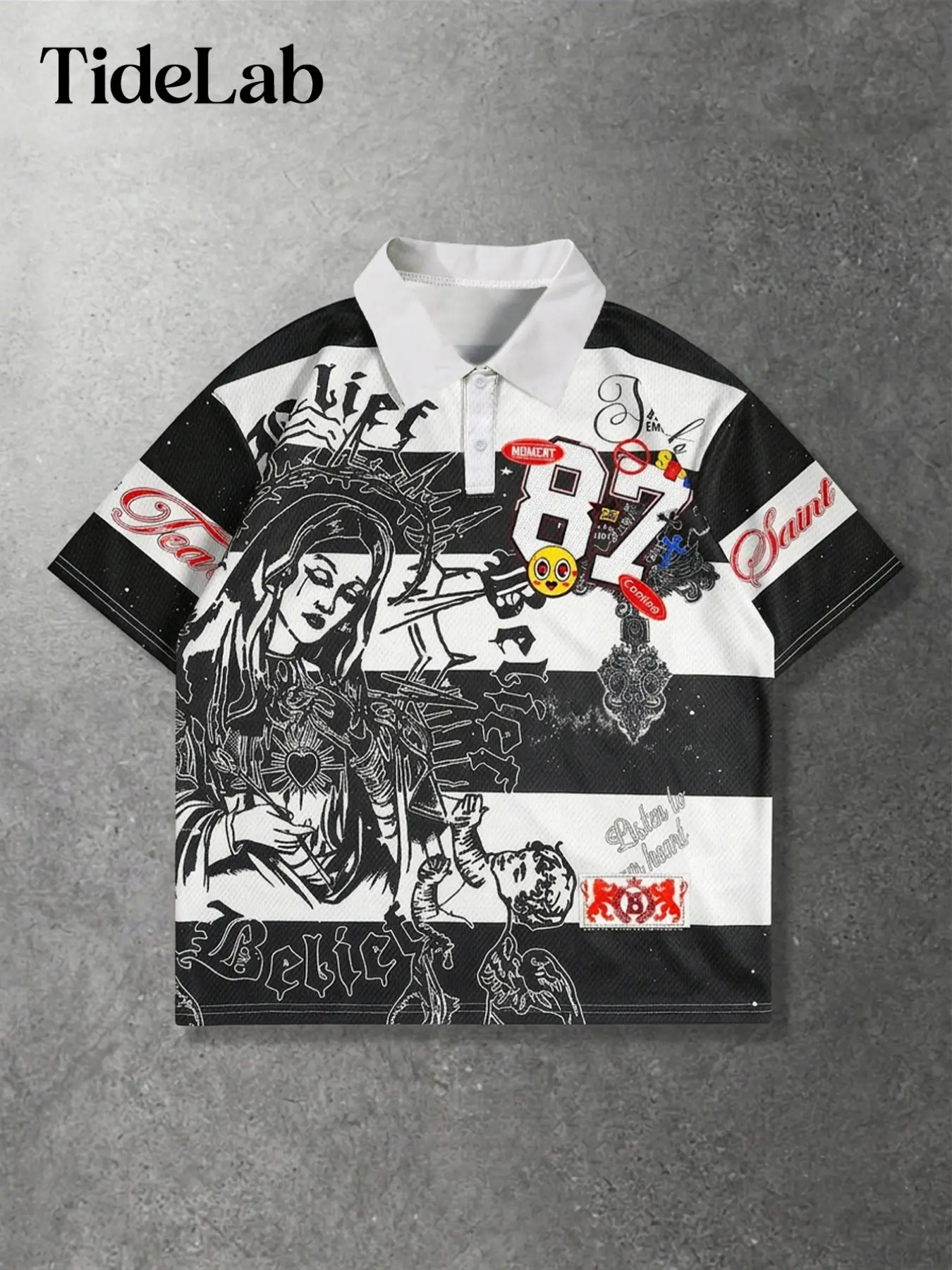 Unisex Gothic Print Rugby Polo Shirt, Loose-Fit Short Sleeve Top, Casual Sporty Streetwear for Daily Wear, Retro Skull Design