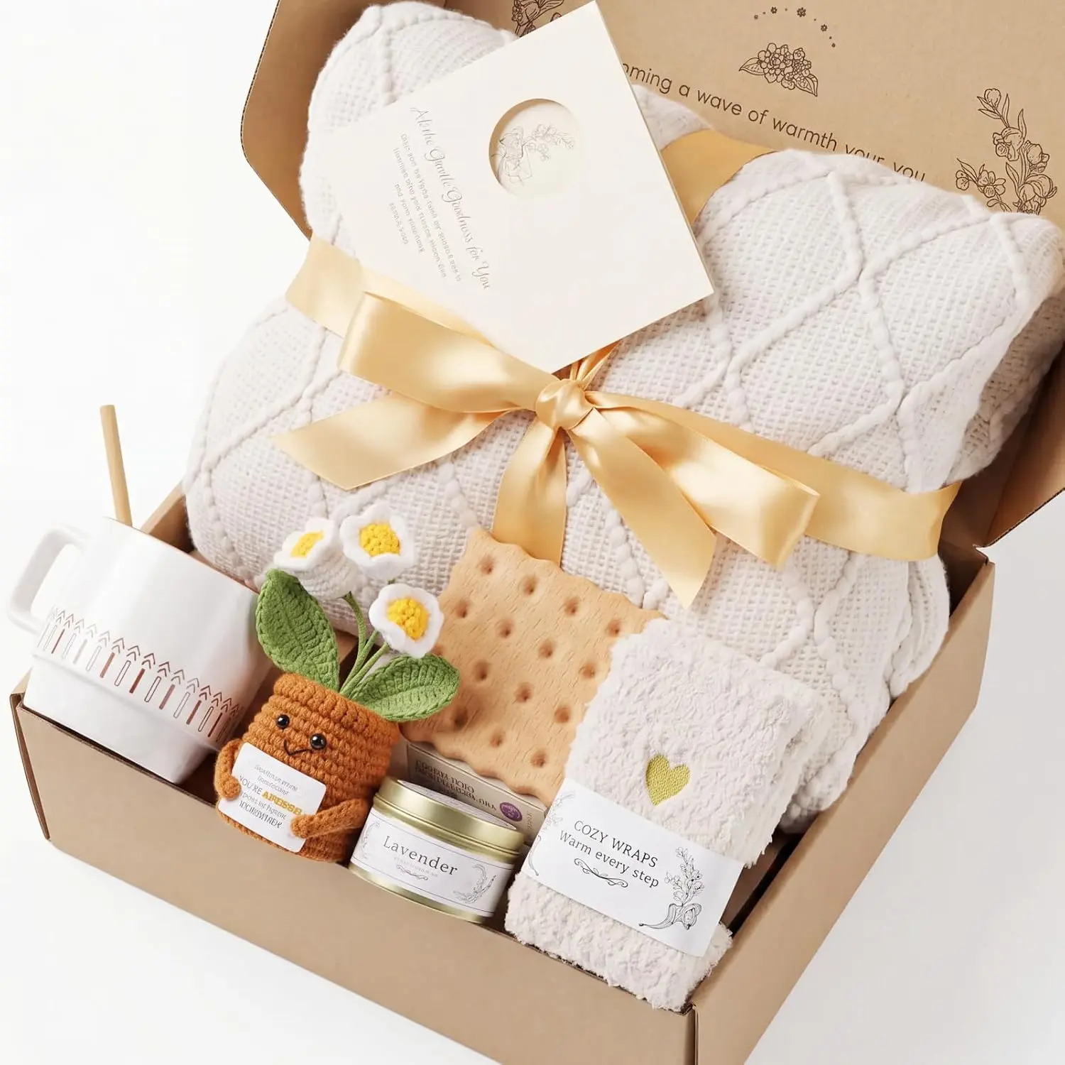 Women's Luxury Knitted Texture Synthetic Durable Knit Throw Set Care Package - Flower, Lavender Decor Gift Basket with Blanket Box for Mom, Get Well Soon Gifting
