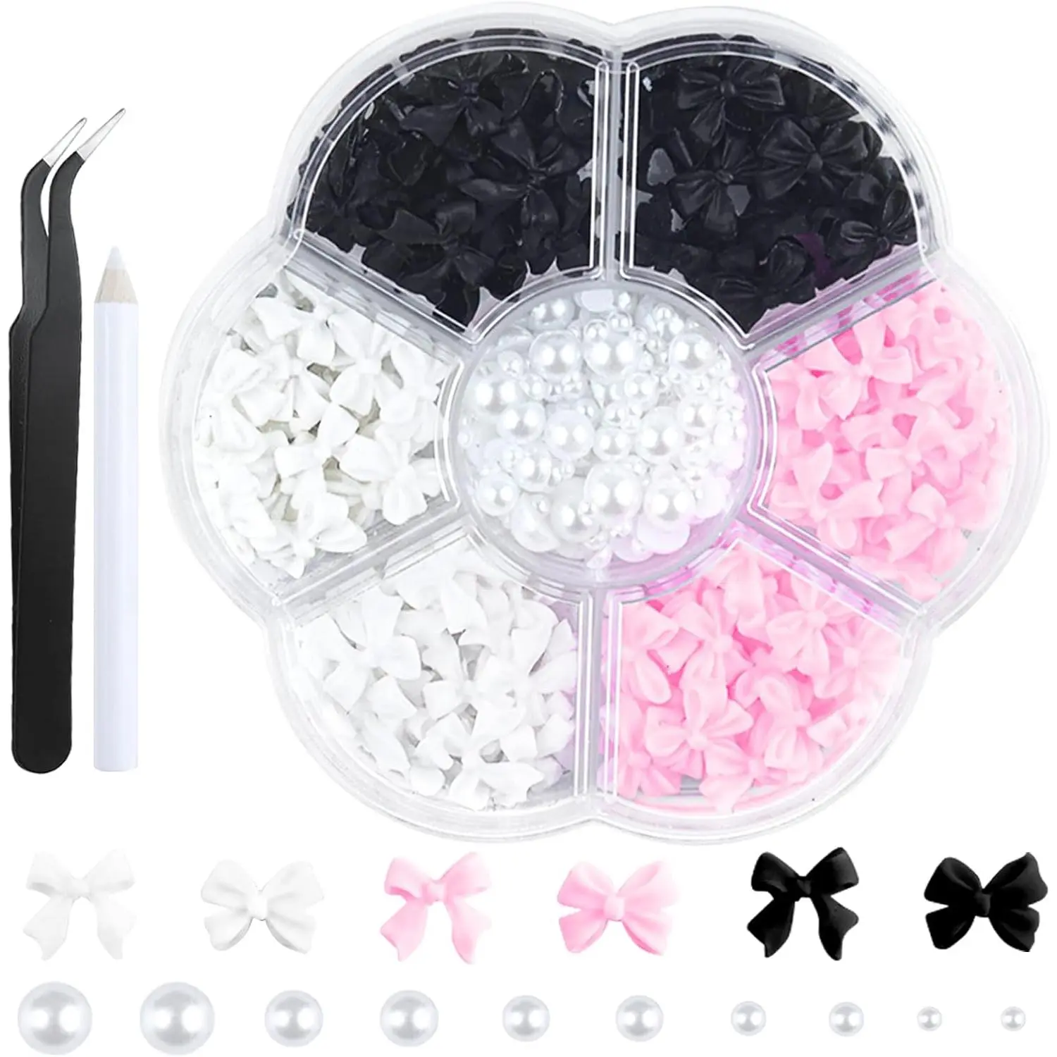 300Pcs 3D Bow Nail Charms and Flatback Pearls Set, Black White Pink Bowknot, Including Accessories, Bow-Knot Nail Stud Rhinestones Crystal, Nail Art Charms, Nail Art Supplies, for Manicure DIY, Nail Art, Jewelry Decoration