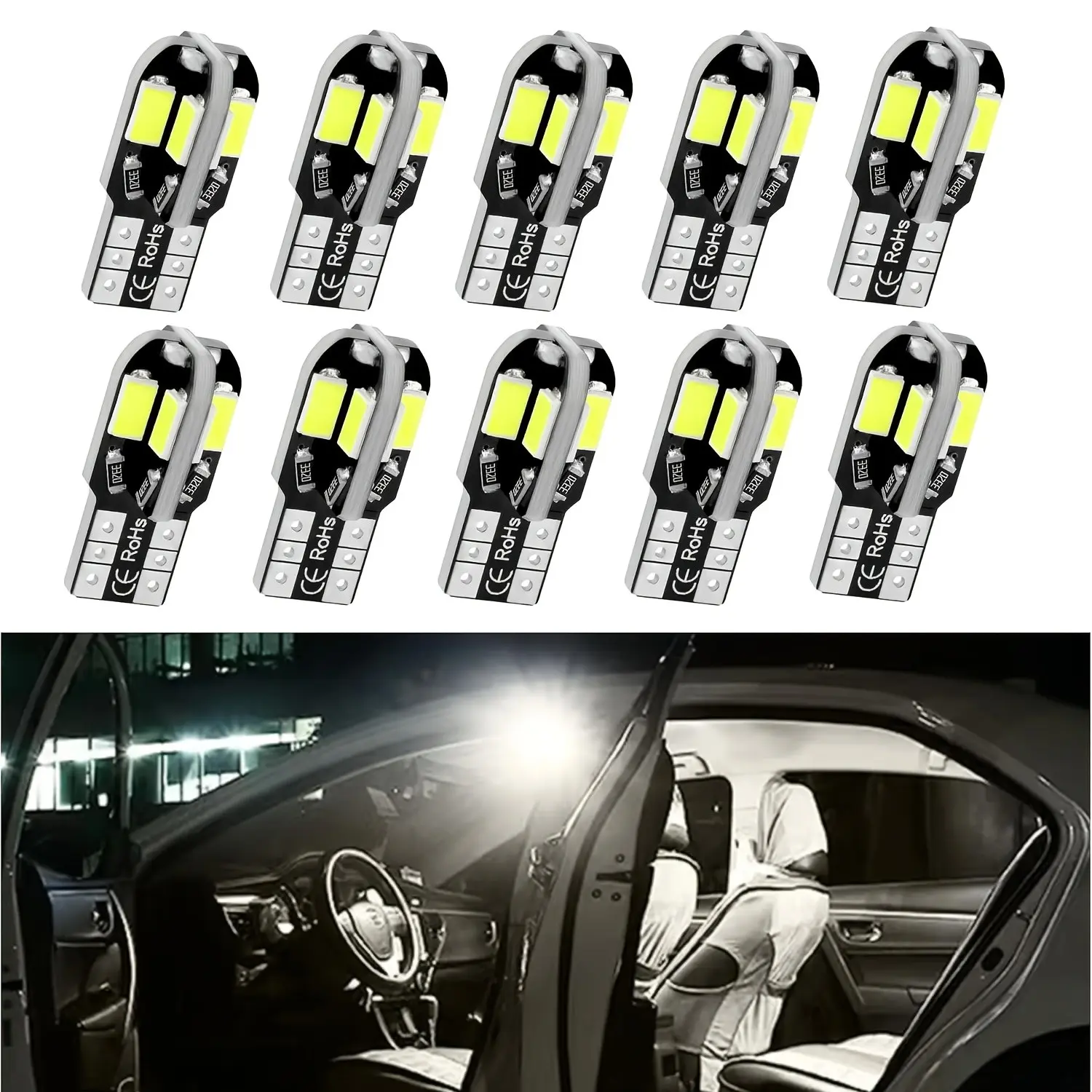 Pack-10 Car T10-8smd LED Bulb, 12V 5730 360 Degree Lighting, 600lm, Universal Plug and Play, License Plate & Driving Light