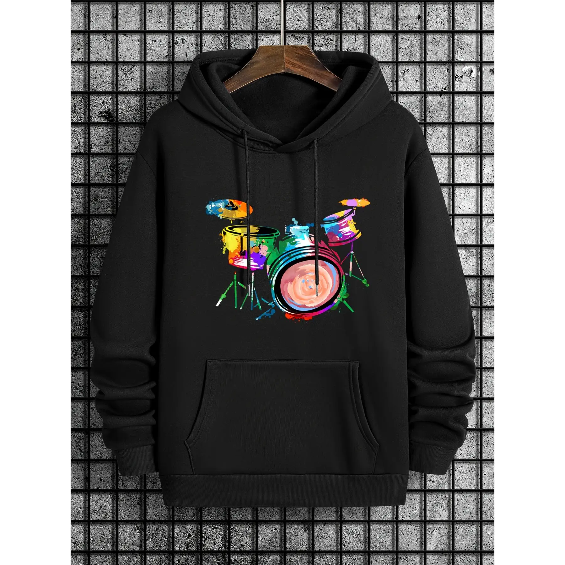 Unisex Oversized Pullover Hoodie - Watercolor Splash Drum Kit Graphic, Colorful Rock Music Instrument Print, 2-Color Black White, Musician Casual Street Sweatshirt