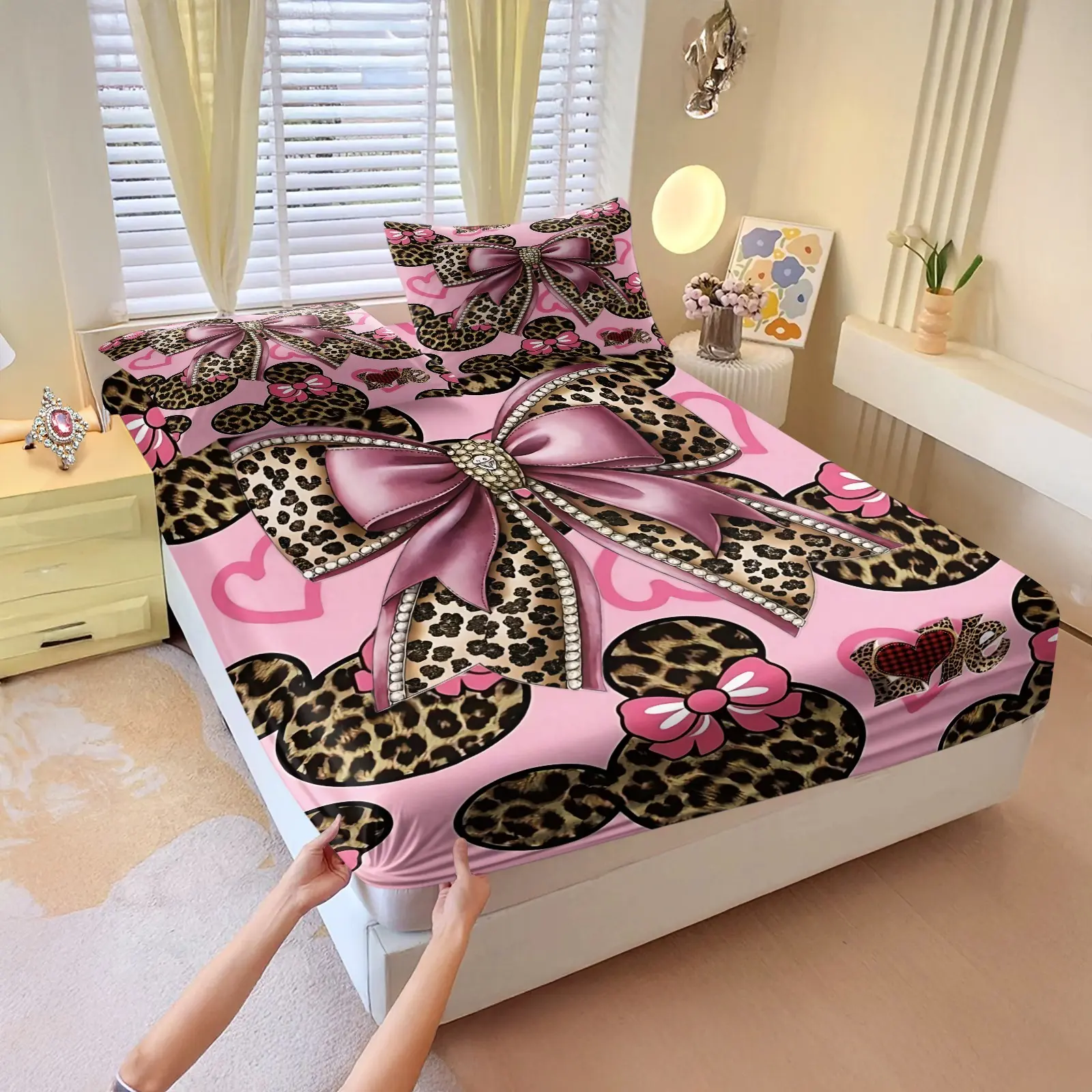 Y2K Pink Leopard Fitted Sheet Set – 3-Piece Mattress with Rhinestone Bow Print, Non-Slip Deep Pocket Secure-Fit, Ultra Soft Girly Aesthetic Decorative Bedding Set for Content Studio, Lifestyle Influencer Room, Pink Cozy Nook Bedsheet Set
